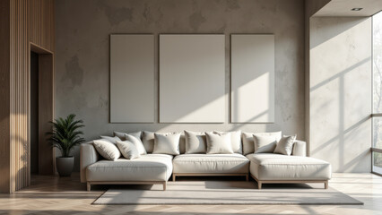 Modern living room with white furniture and acoustic wall panels.