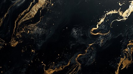 A luxurious abstract background featuring a swirling mix of black and gold marbling patterns