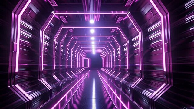 A futuristic corridor illuminated with pink neon lights, creating a sci-fi atmosphere footage