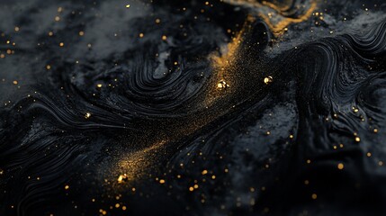 Contemporary black and gold abstract background with flowing textures and shimmering particles