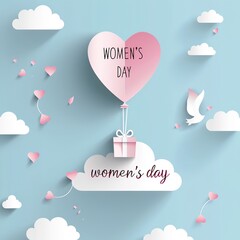 Women's  Day Celebration with Pink Heart-Shaped Balloon Flying in the Sky and Gift Box on White Paper Cut Clouds. Minimalistic Vector Graphic Design for Women's Day Web Banner, Featuring Calligraphy T
