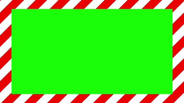 Animated diagonal red and white stripes move leftward around green screen center. Clean border design combines festive candy cane pattern with attention-grabbing warning aesthetics.