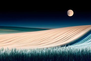 Moon rises over a scenic crop field at twilight, creating a serene landscape. Ideal for agricultural or environmental publications