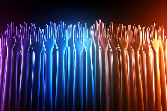 Many abstract raised hands in a row, in a gradient of colors on a dark background. Useful for themes like voting and unity