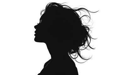 Silhouette of a woman's head and shoulders with flowing hair on white background, celebrating the strength and beauty of women for International Women's Day