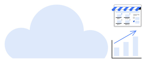 Cloud icon, online store interface, ascending bar graph with arrow indicating growth. Ideal for e-commerce trends, cloud computing, digital marketing strategies, data analytics, business growth