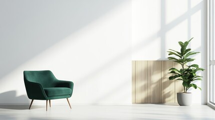 Photo of a modern interior with an green armchair and a wooden panel on a white wall, with a plant in a pot near the chair.