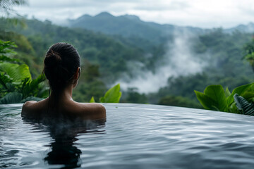 Fototapeta premium A woman relaxing in a hot spring bath with a scenic view of misty mountains and lush greenery, symbolizing peace, wellness, and connection with nature.