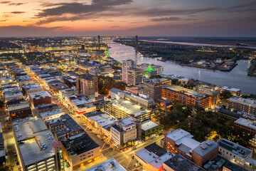 Savannah, Georgia. Historic American architecture of old historical city. USA Southern cityscape at sunset