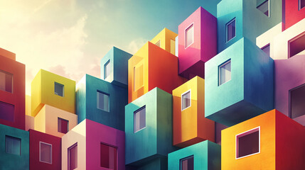 Fototapeta premium Colorful modern apartment buildings with bright, geometric shapes, including shades of yellow, red, pink, blue, and green. This photo symbolizes creative urban architecture and vibrant city living.