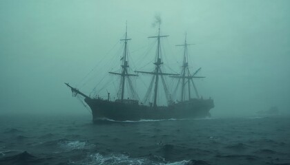 Fototapeta premium Ancient Sailing Vessel Traversing a Fog-Laden Ocean with Diminishing Visibility