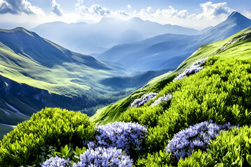 Spring blooms dot mountainside; green hills in the background, ideal nature scenery for travel promotion, tourism, hiking, or wallpaper