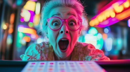 elderly woman experiencing excitement after winning a lottery in a vibrant casino, holding a raffle ticket, immersed in the immersive appeal of gambling







