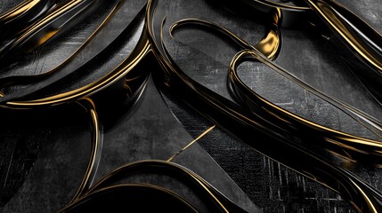 Contemporary abstract design featuring sweeping black forms with golden accents on a dark background