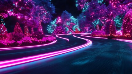 Dynamic blurred neon lights creating an electrifying futuristic race track night backdrop