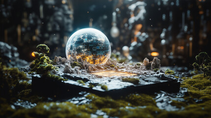 A transparent spherical object rests among moss on a stone platform in a high-tech environment. Contrast of nature and technology.
