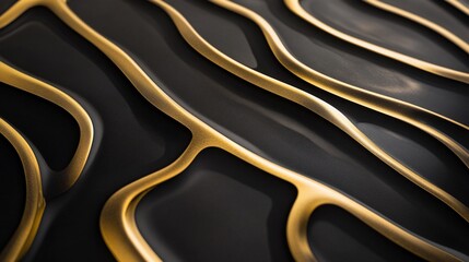 A contemporary abstract pattern of black and gold with curved lines design, with metallic gold