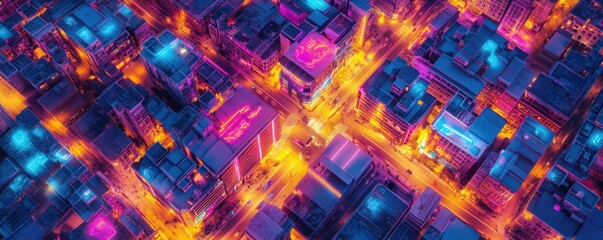 Obraz premium Neon-lit cityscape at night with vibrant colors