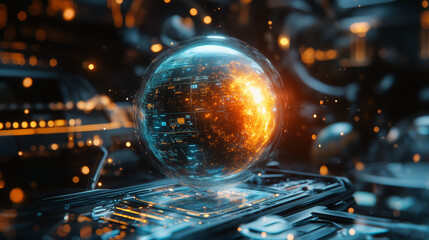 An energy sphere hovers over a microchip in a tech environment. Visualization of quantum computing and digital power.