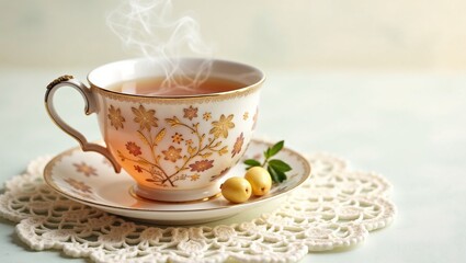 Fototapeta premium Translucent Porcelain Teacup with Golden Easter Motifs, Filled with Herbal Tea, on Vintage Lace Doily, Against Creamy White Background