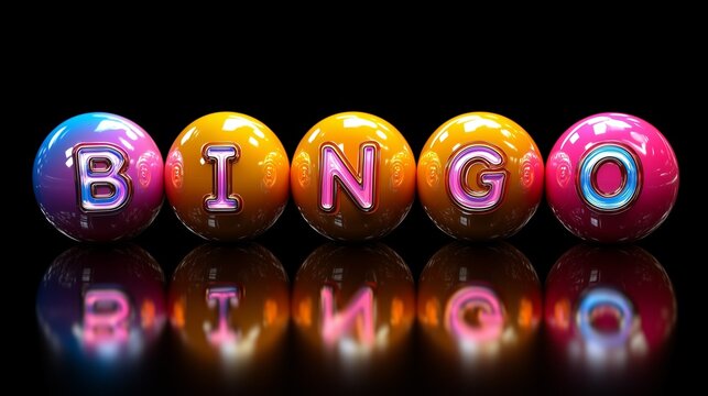 Colorful bingo balls with glossy reflections spell out "BINGO" against a black background, symbolizing excitement in lottery, raffle, and gaming entertainment.