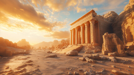 Ancient temple in the desert against a sunset sky. Atmospheric scene of a lost civilization in golden light.
