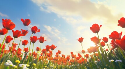Fototapeta premium Vibrant field of red tulips under a clear blue sky with golden sunlight enhancing their beauty