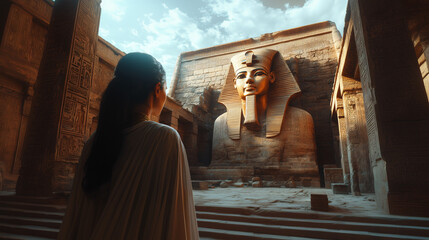 A woman gazes at a majestic pharaoh statue in a temple complex. Egypt, history, ancient architecture.