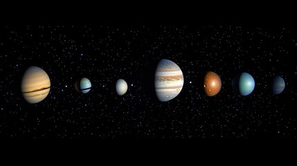 Majestic view of the solar system planets aligned with a comet and shimmering stars in the background.
