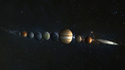 Majestic view of the solar system planets aligned with a comet and shimmering stars in the background.