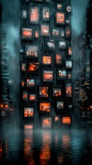 Dark Futuristic City Tower with Numerous Screens in Rain