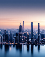 Fototapeta premium Cityscape in Shanghai, China, at twilight over river. Skyline view for travel destination, urban development and economy