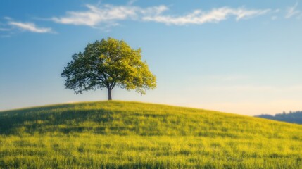 Fototapeta premium Serene meadow landscape with solitary tree under a bright blue sky on a sunny day