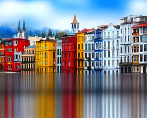 Naklejka premium Colorful European buildings reflecting in calm water, with a church in the background. Suitable for tourism, travel, or architecture projects