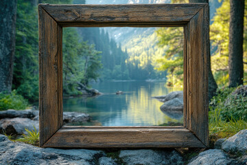 Natural Frame Enhances Tranquil Lake View Surrounded by Lush Forests and Mountains in Daylight