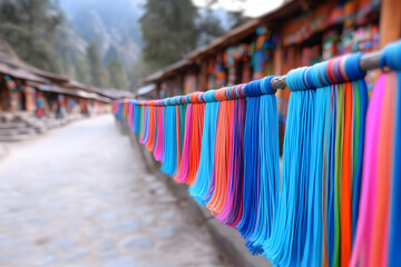 Colorful textiles hanging outdoors in a market, with traditional buildings and forest background, useful for travel and culture promotion
