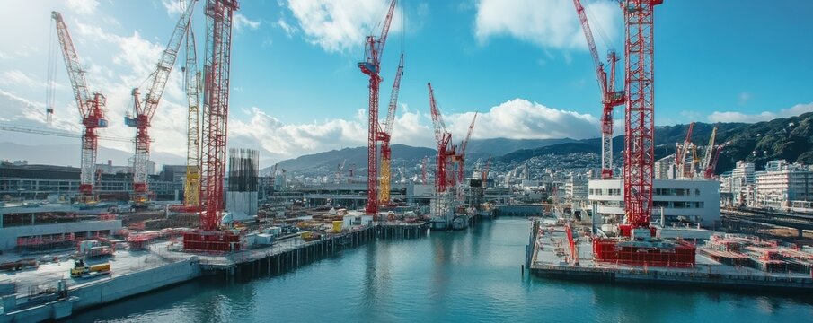 Harbor construction with tower cranes under blue sky and mountains