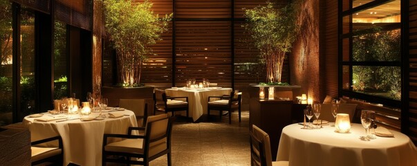 Elegant fine dining restaurant interior with candlelit tables and bamboo decor