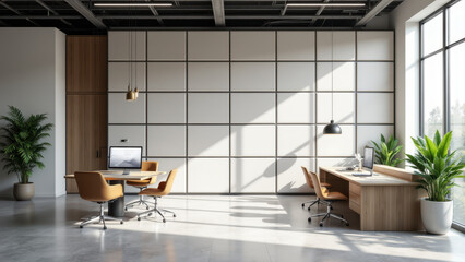 A modern office with a light wooden desk and leather chairs, featuring acoustic panels on the walls to enhance sound quality.