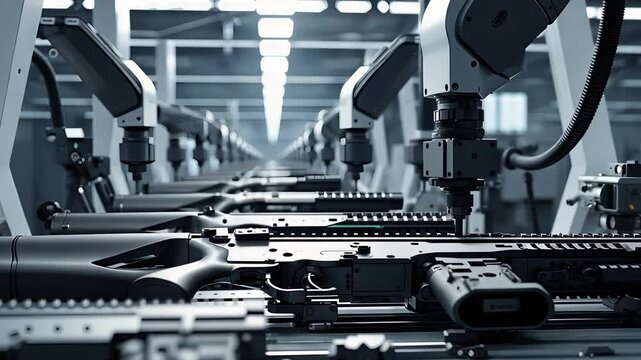 Automated Robotic Arms Assembling Rifles in High-Tech Firearm Manufacturing Factory with Advanced Precision Engineering

