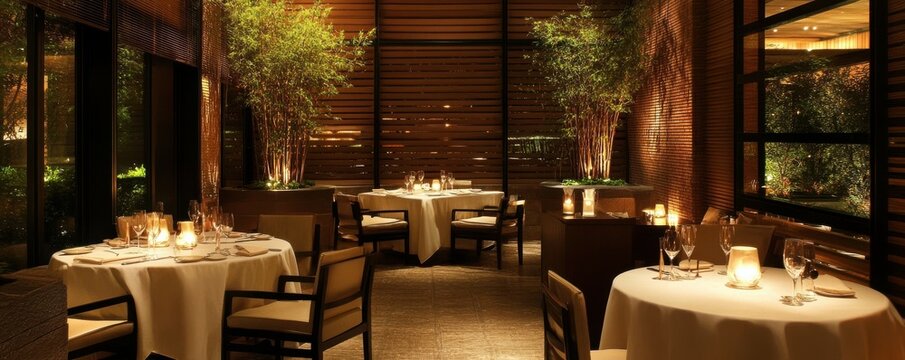 Elegant fine dining restaurant interior with candlelit tables and bamboo decor