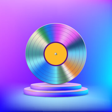 Retro vinyl music disc in disco style. On a neon background. Vector illustration.