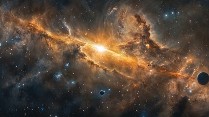 Naklejka premium Panoramic cosmic shot featuring all solar system planets, a bright comet, and vibrant nebulae.