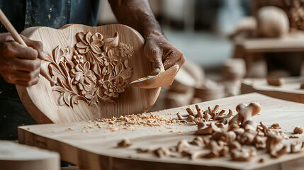 skilled carpenter carving intricate details into wood, showcasing craftsmanship and artistry