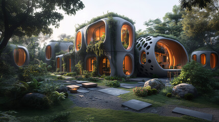 Unusual residential buildings with round windows and green roofs in the forest. A fusion of nature and high-tech.