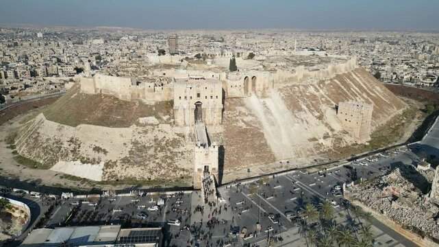 An aerial view of Aleppo Citadel.