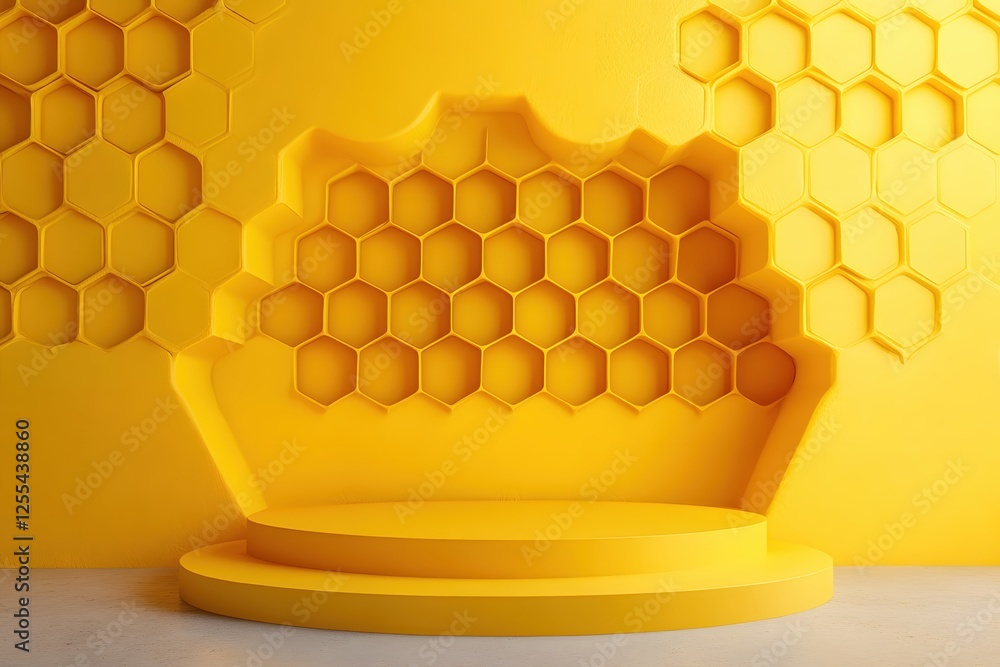 Poster vibrant yellow podium display with honeycomb pattern for product showcase and presentation