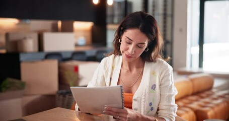 Document, stress and woman in home with boxes for lease agreement with hidden cost for moving. Upset, contract and female person with finance paperwork for real estate negotiation mistake in house.
