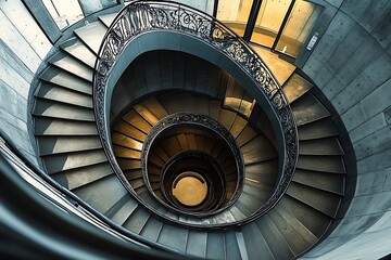 A view of a spiraling staircase in a building from above. The metal hand rail is nicely decorated


