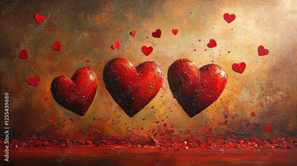 Poster plush red hearts with fine textures, surrounded by floating red confetti and set against a warm, dif